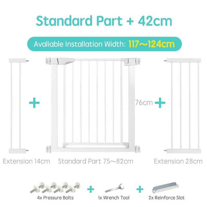 Stair gate for toddlers, white, preventing falls and ensuring infant protection.