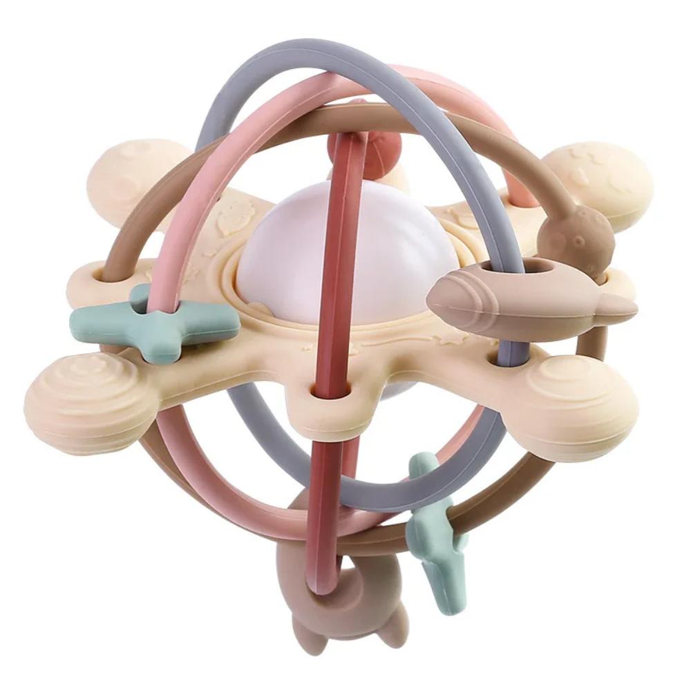 Baby sensory teether bed bell toy with colorful rattles and soft chewable rings, stimulating infant development.