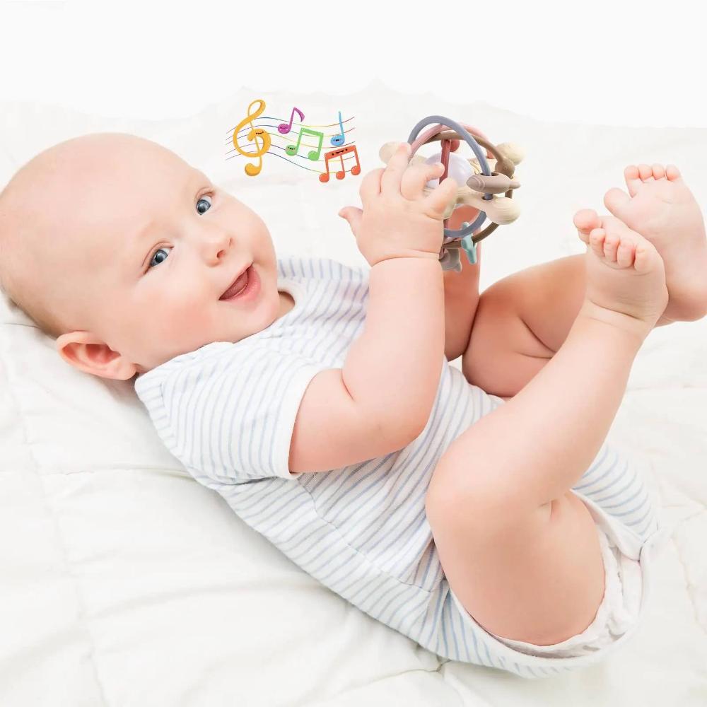 Newborn baby sensory rattle and teether for crib play. Soft, safe chew toy for infant development & soothing.