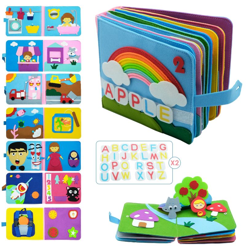 Baby toddler washable Montessori busy cloth book with sensory activities for early learning and fine motor skills.