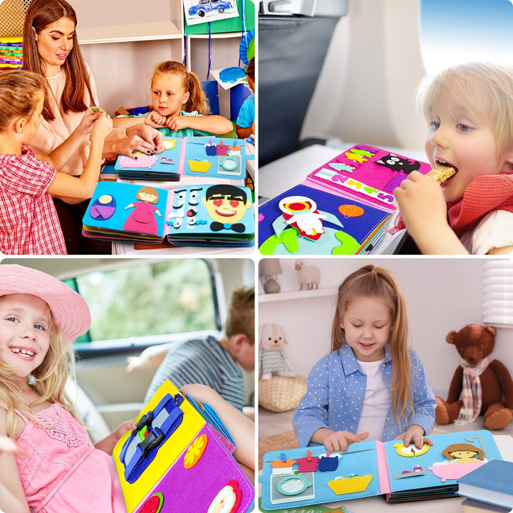 Toddler engaging with a colorful Montessori busy cloth book, developing fine motor skills and sensory early learning.
