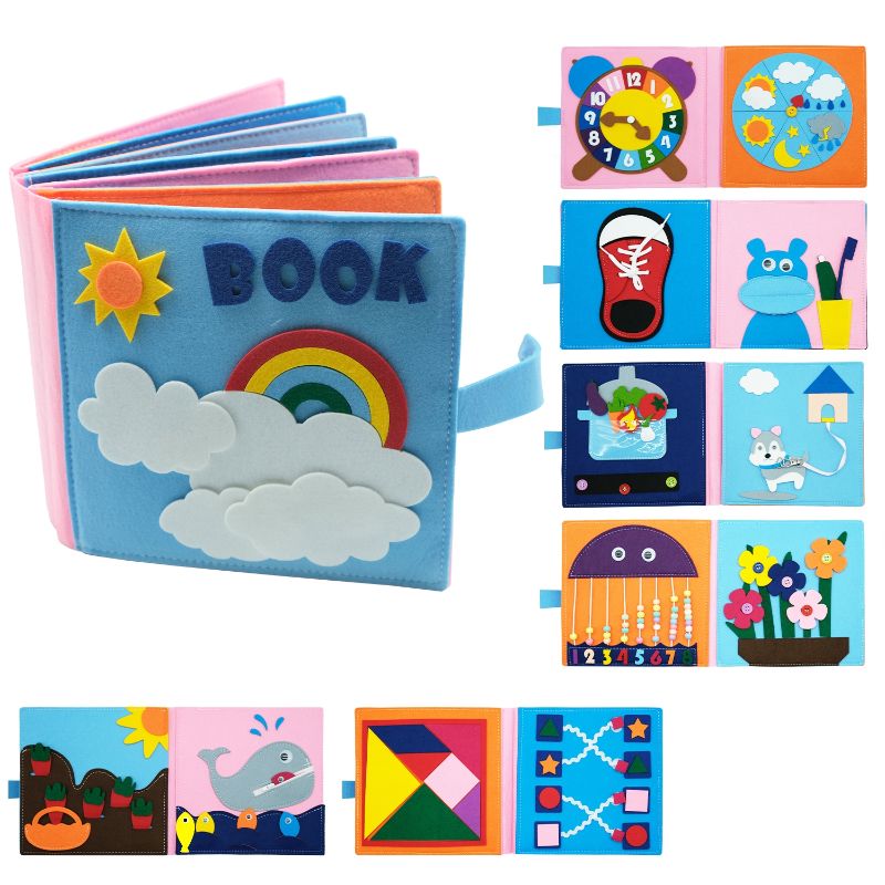 Washable Montessori busy cloth book for babies & toddlers, perfect travel toy for early learning and fine motor skills.