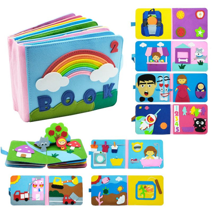Full view of a vibrant washable Montessori busy cloth book, an educational sensory toy for baby and toddler early learning.