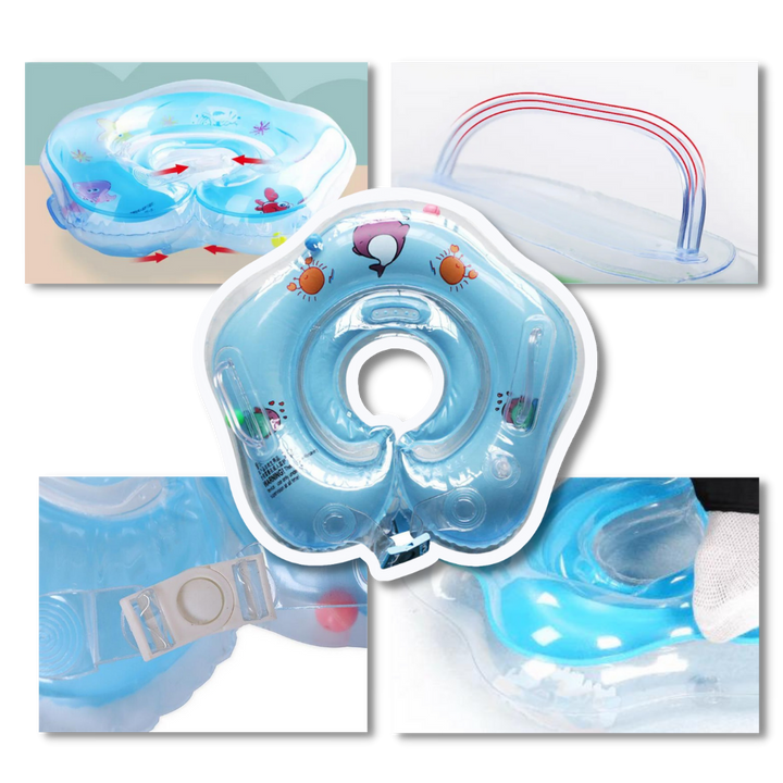 Baby neck float, a safe swimming aid with dual air chambers & handles, essential for infant water safety.