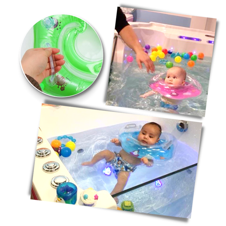 Dual air chamber baby neck float with safety handles, ensuring secure infant swim & water safety for babies.