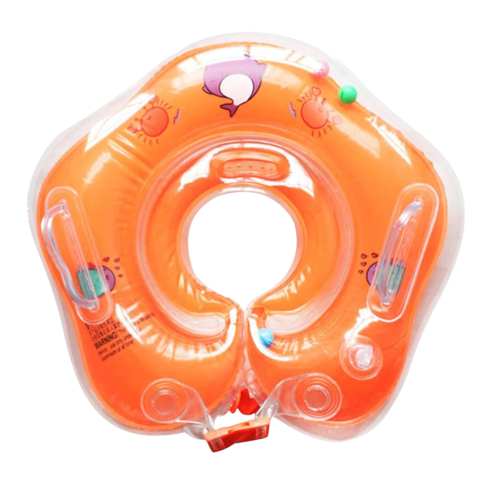 Secure baby neck float with dual air chambers & safety handles for infant swim & water safety.