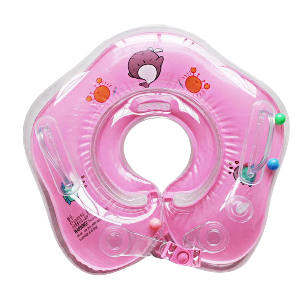 Infant enjoying water activities with a secure baby neck float featuring dual air chambers & safety handles.