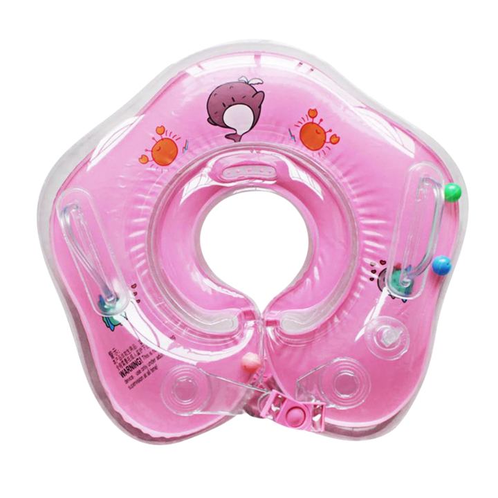 Infant enjoying water activities with a secure baby neck float featuring dual air chambers & safety handles.