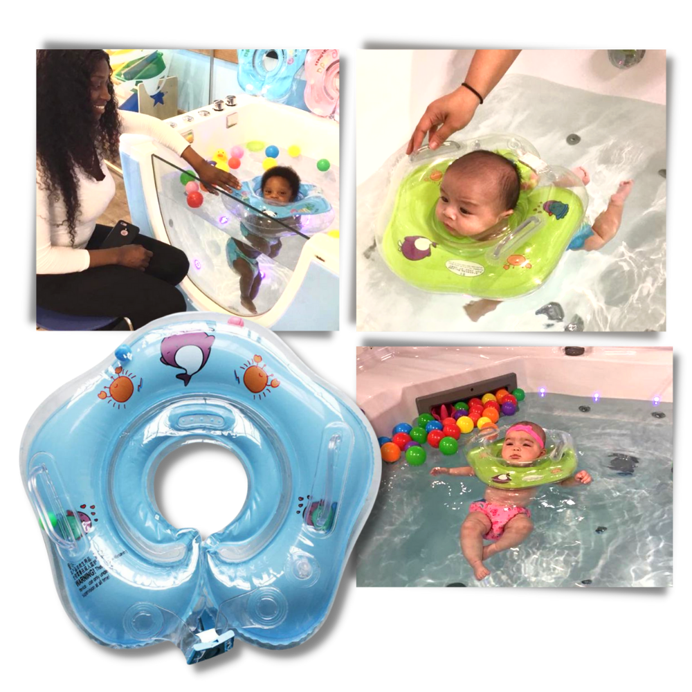 Baby neck float with double air chambers & secure handle design; perfect for pool toy & water safety.