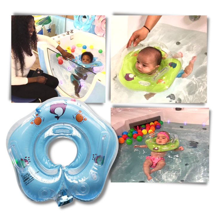 Baby neck float with double air chambers & secure handle design; perfect for pool toy & water safety.