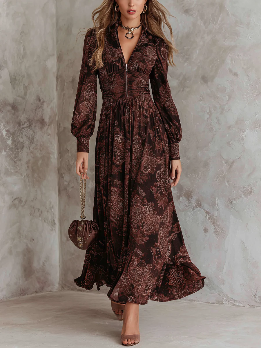 Elegant women's paisley print midi dress with long sleeves & zip-neck. Versatile day-to-evening occasion wear.