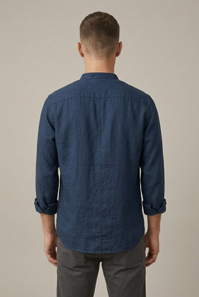 Men's long sleeve band collar shirt, featuring a chest pocket. A stylish & comfortable smart casual choice.