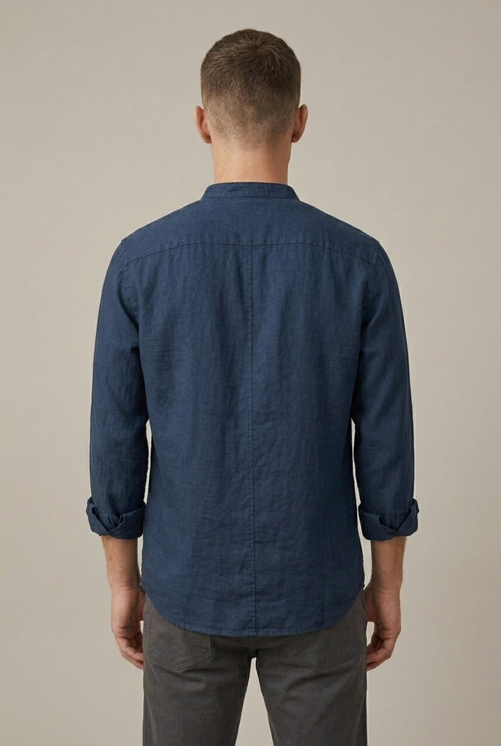 Men's long sleeve band collar shirt, featuring a chest pocket. A stylish & comfortable smart casual choice.