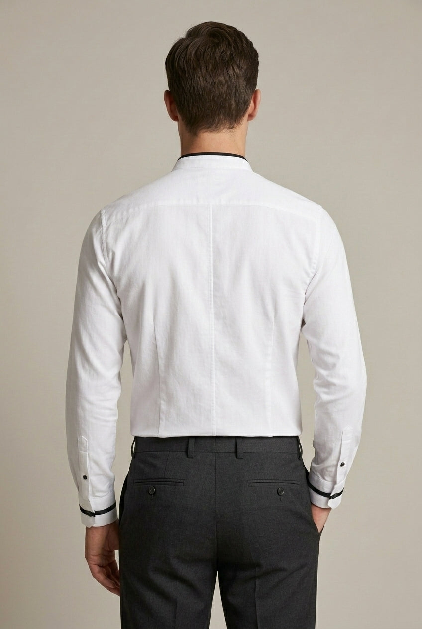 Slim fit men's long-sleeve grandad collar shirt with elegant contrast trim. A versatile casual button-down.
