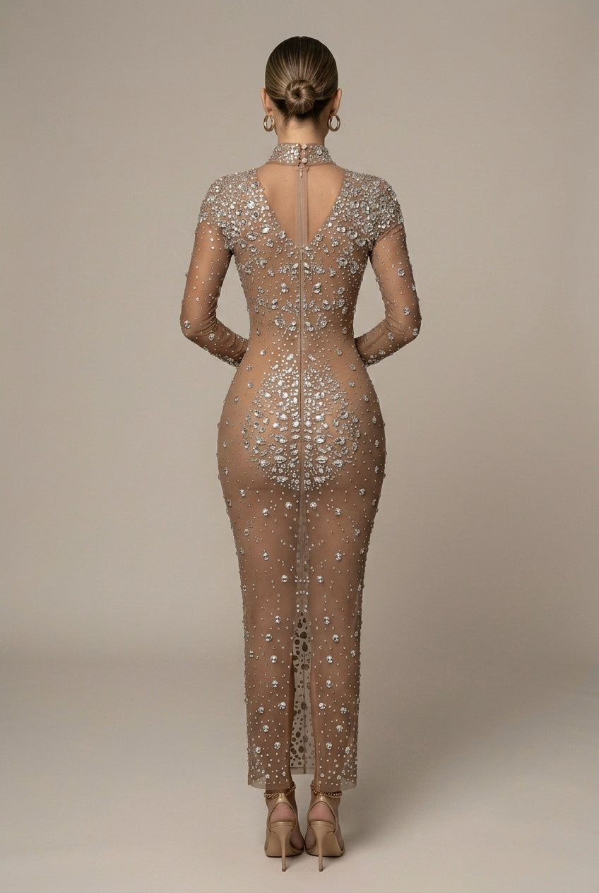 Stylish women's elegant long sleeve sheer mesh maxi dress with dazzling rhinestones. Perfect special occasion evening gown.