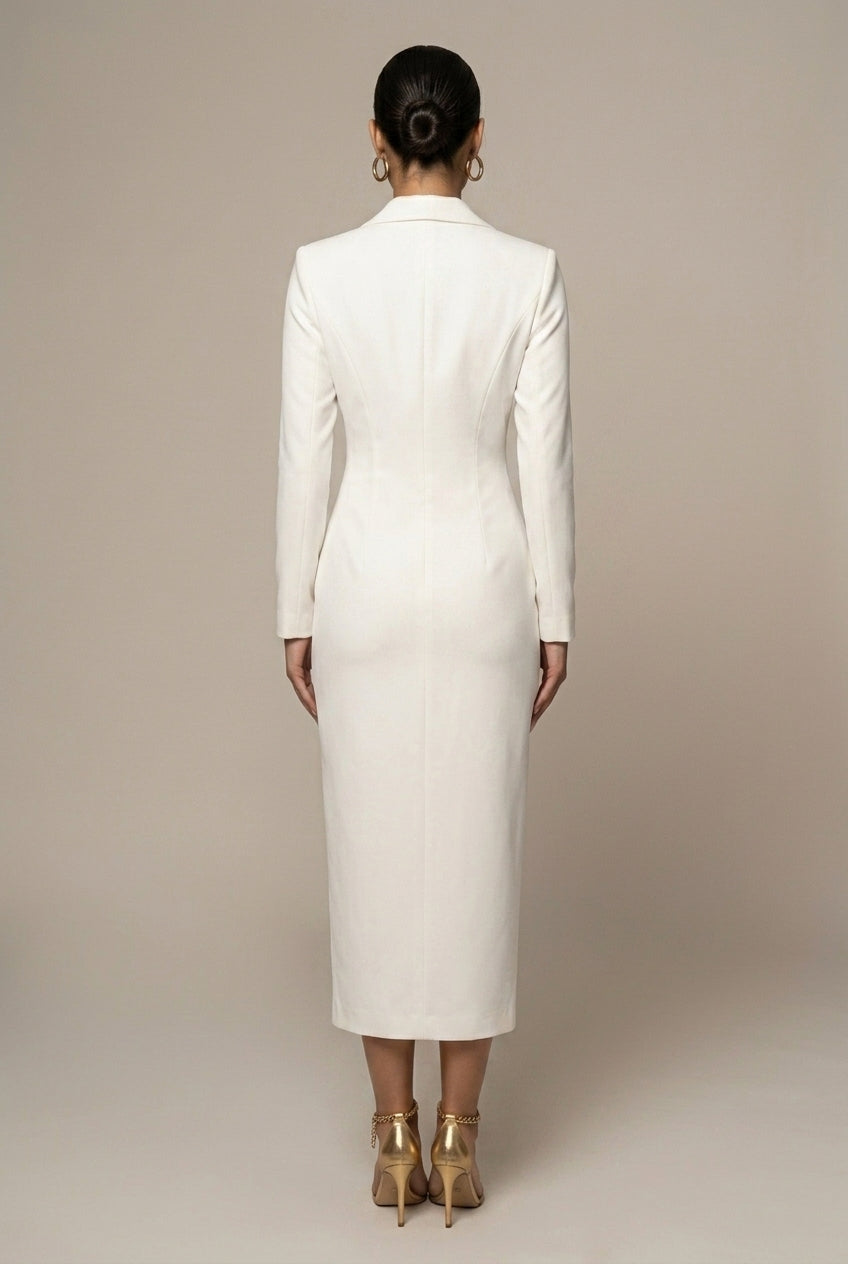Professional women's blazer midi dress featuring a notch lapel & single-breasted design, ideal for formal office wear.