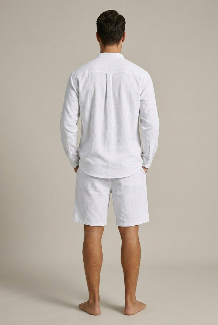 Casual men's vacation set: comfortable band collar shirt and coordinating shorts for beach or holiday.