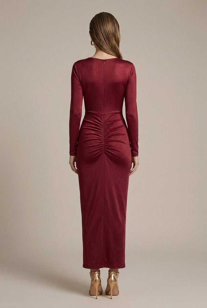Stunning women's deep V-neck maxi dress with a flattering twist waist, front slit, perfect as an elegant evening gown.