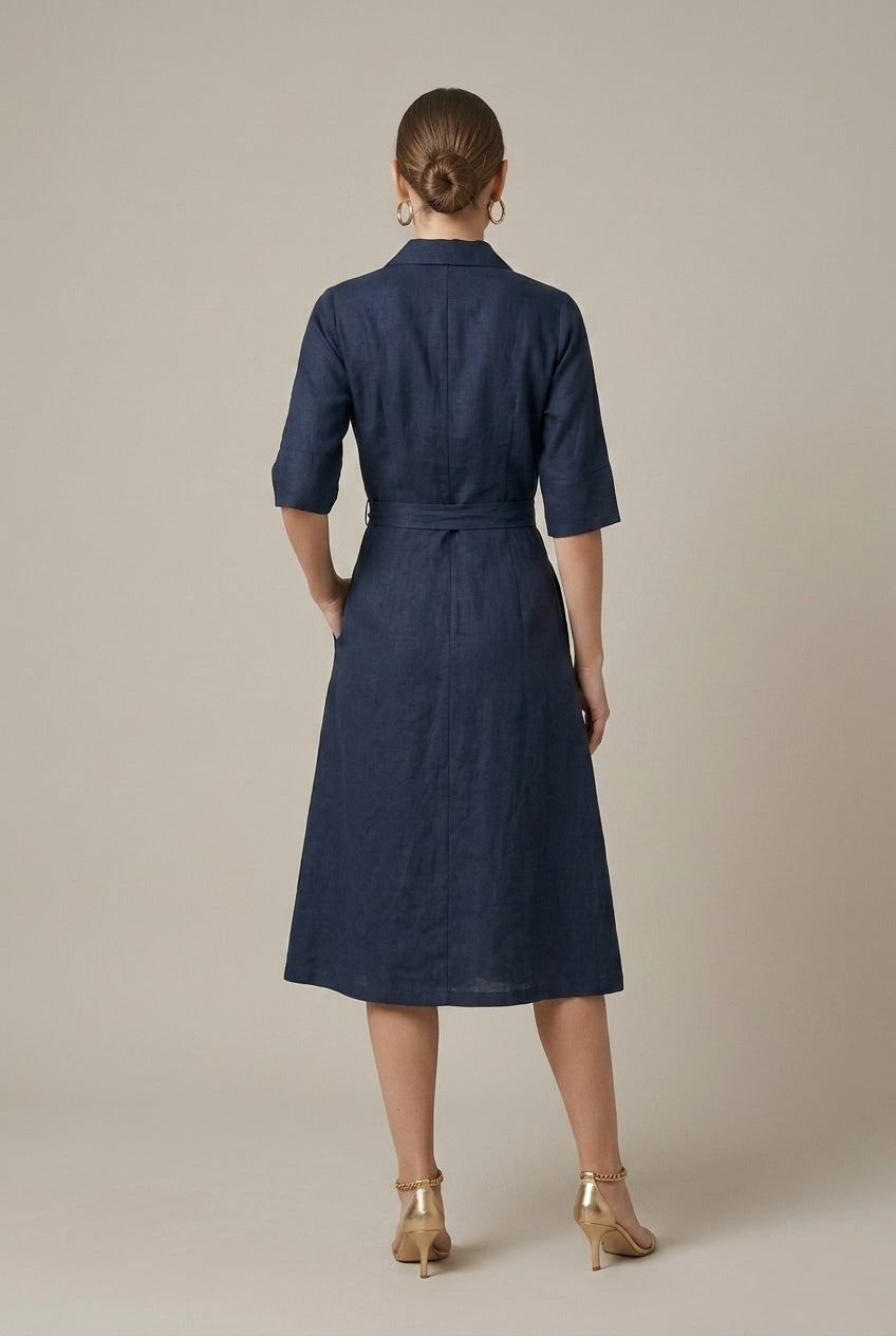 Chic women's belted wrap midi dress, an elegant and versatile choice for smart casual and office wear.