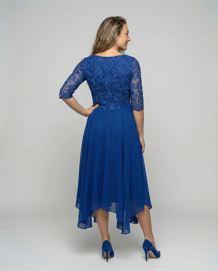 Classic mid-length embroidered dress for women. Elegant formal wear, perfect for wedding guest events.