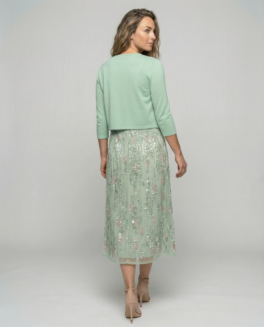 Vibrant floral two-piece midi dress for women, a stylish green summer dress for all occasions and elegant feminine wear.