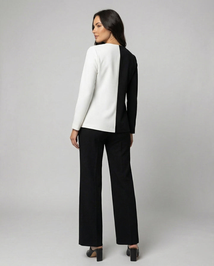 Women's elegant two-piece outfit with an asymmetrical blouse & wide-leg palazzo pants. Ideal for evening.