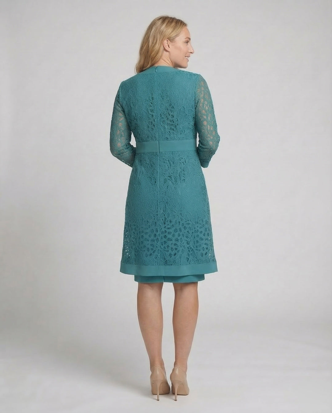 Stunning women's lace two-piece dress set. Elegant summer and spring fashion for formal events.