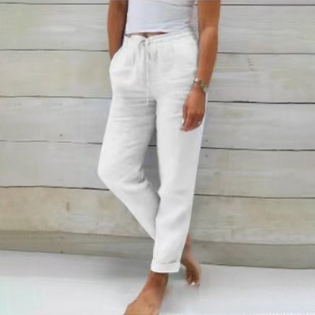 Stylish women's relaxed fit drawstring pants, perfect lightweight bottoms for summer fashion and travel.