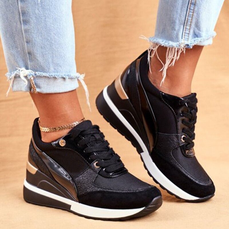 Fashionable women's casual sneakers with a lifted sole. Orthopedic design ensures comfort & elegant support.