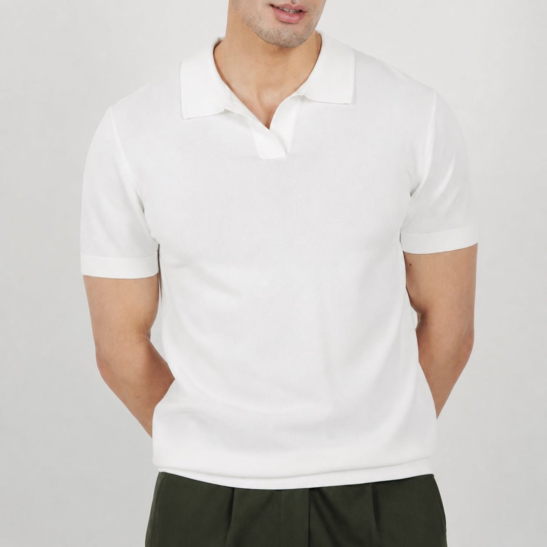 Versatile men's polo with open collar. Short sleeve top for smart casual & everyday refined style.