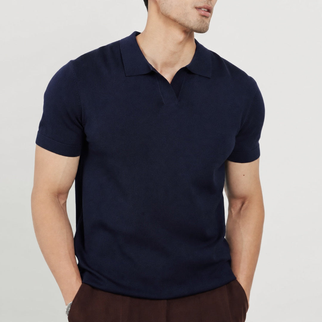 Premium men's open collar polo, short sleeve. Refined smart casual shirt for a polished everyday look.