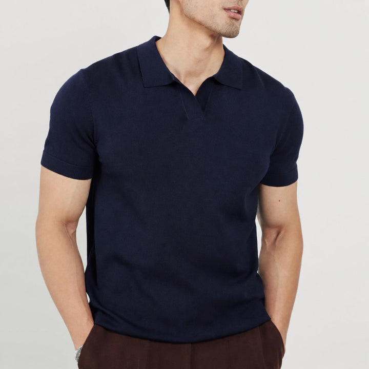 Premium men's open collar polo, short sleeve. Refined smart casual shirt for a polished everyday look.
