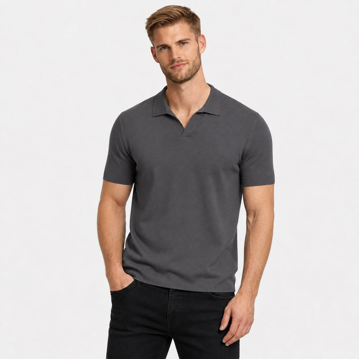 Trendy men's fashion: refined open collar polo shirt. Short sleeve smart casual top for modern style.