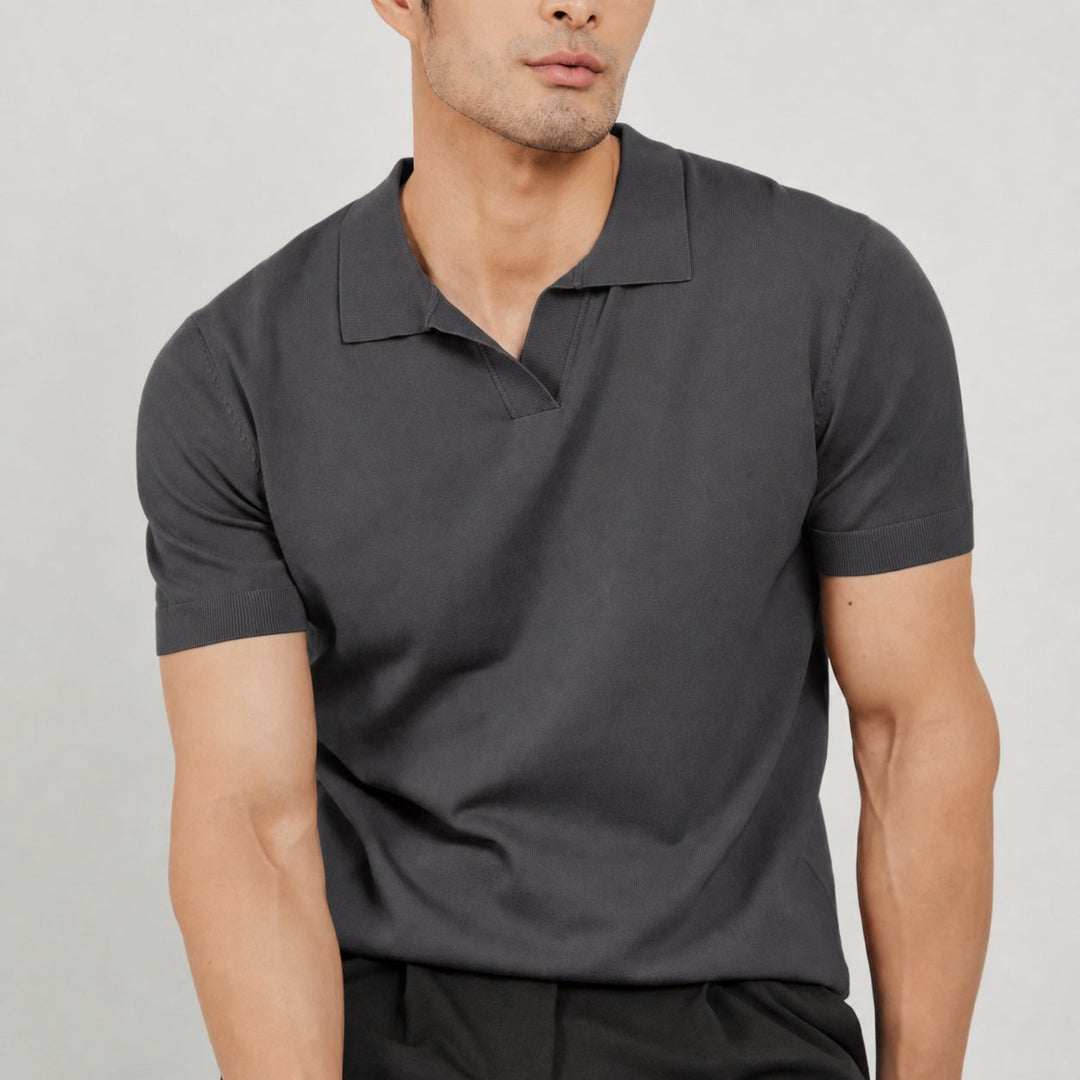 Modern men's open collar polo shirt. Short sleeve refined smart casual top for versatile outfits.