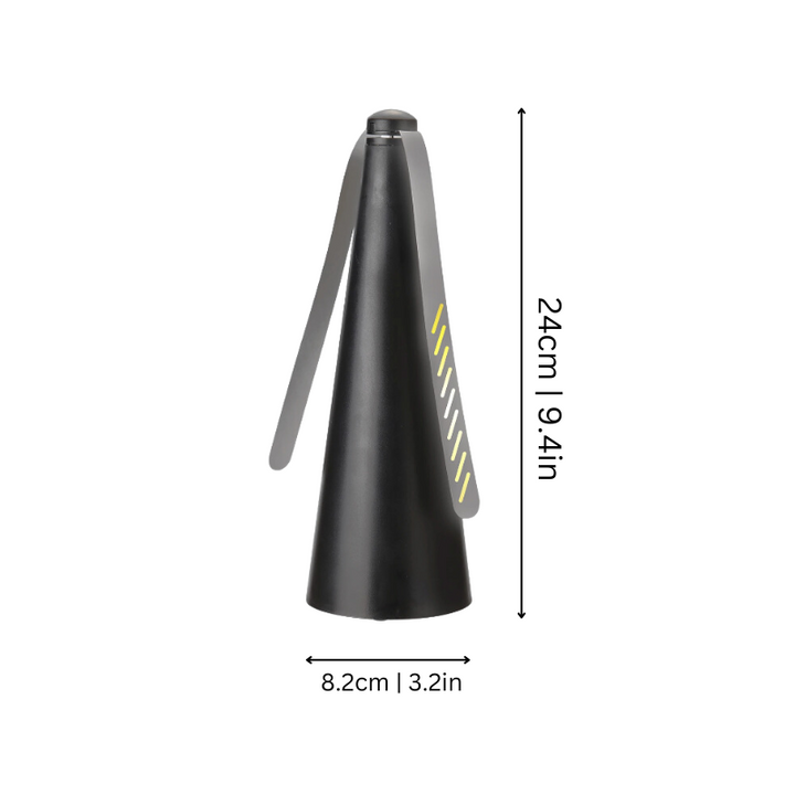 "Battery-operated fly repellent fan with sleek design for alfresco dining, featuring innovative light-bending technology."