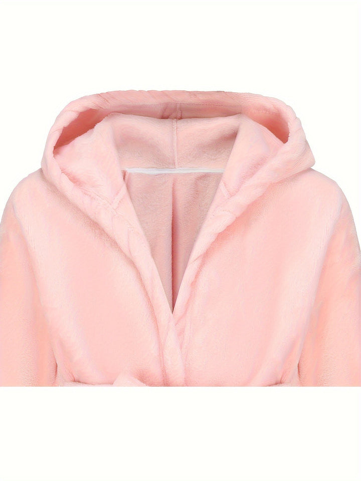 Khaki soft fleece hooded kids' bathrobe, ideal cozy loungewear for girls and boys.