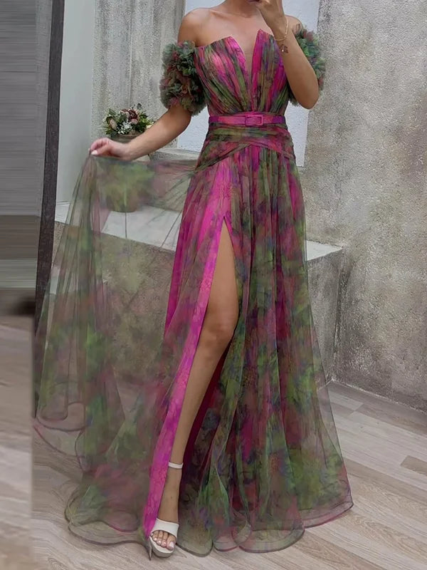 Elegant women's V-neck evening gown with sheer detail. Perfect long green formal dress for proms & special occasions.