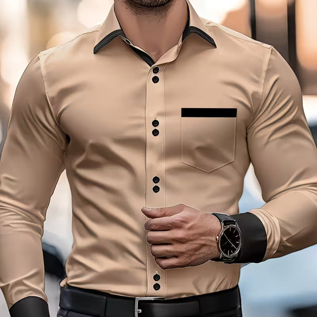 Elegant men's classic button shirt with crisp collar, perfect for versatile dress or smart casual looks.