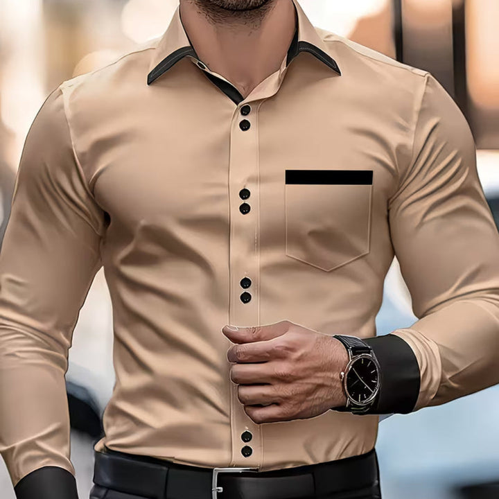 Elegant men's classic button shirt with crisp collar, perfect for versatile dress or smart casual looks.