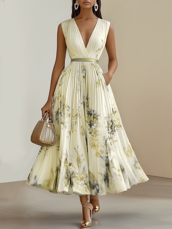 Women's casual chic V-neck maxi dress, sleeveless and flowy, comfortable for everyday elegance.