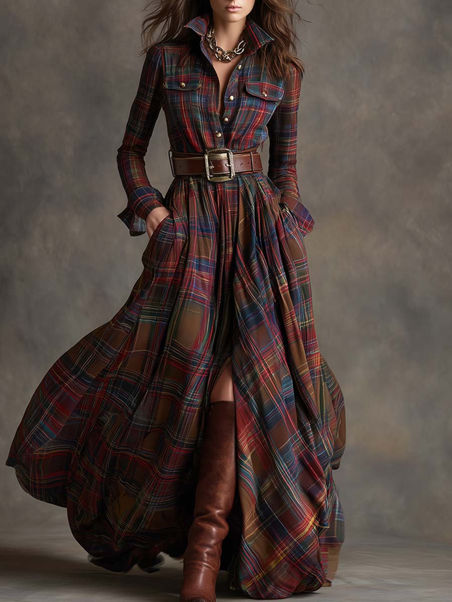 Practical side pockets on a women's elegant plaid shirt dress, perfect for convenience.