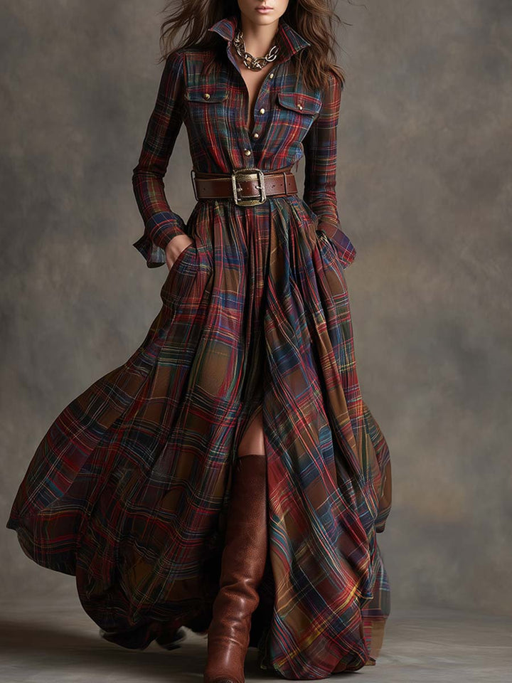 Practical side pockets on a women's elegant plaid shirt dress, perfect for convenience.