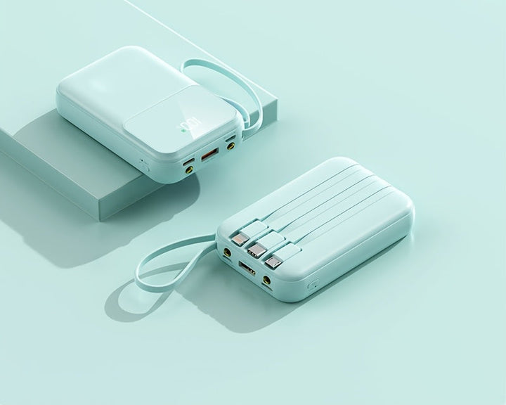 Sleek 10000mAh fast-charging power bank, a versatile tech gadget with integrated universal cables.