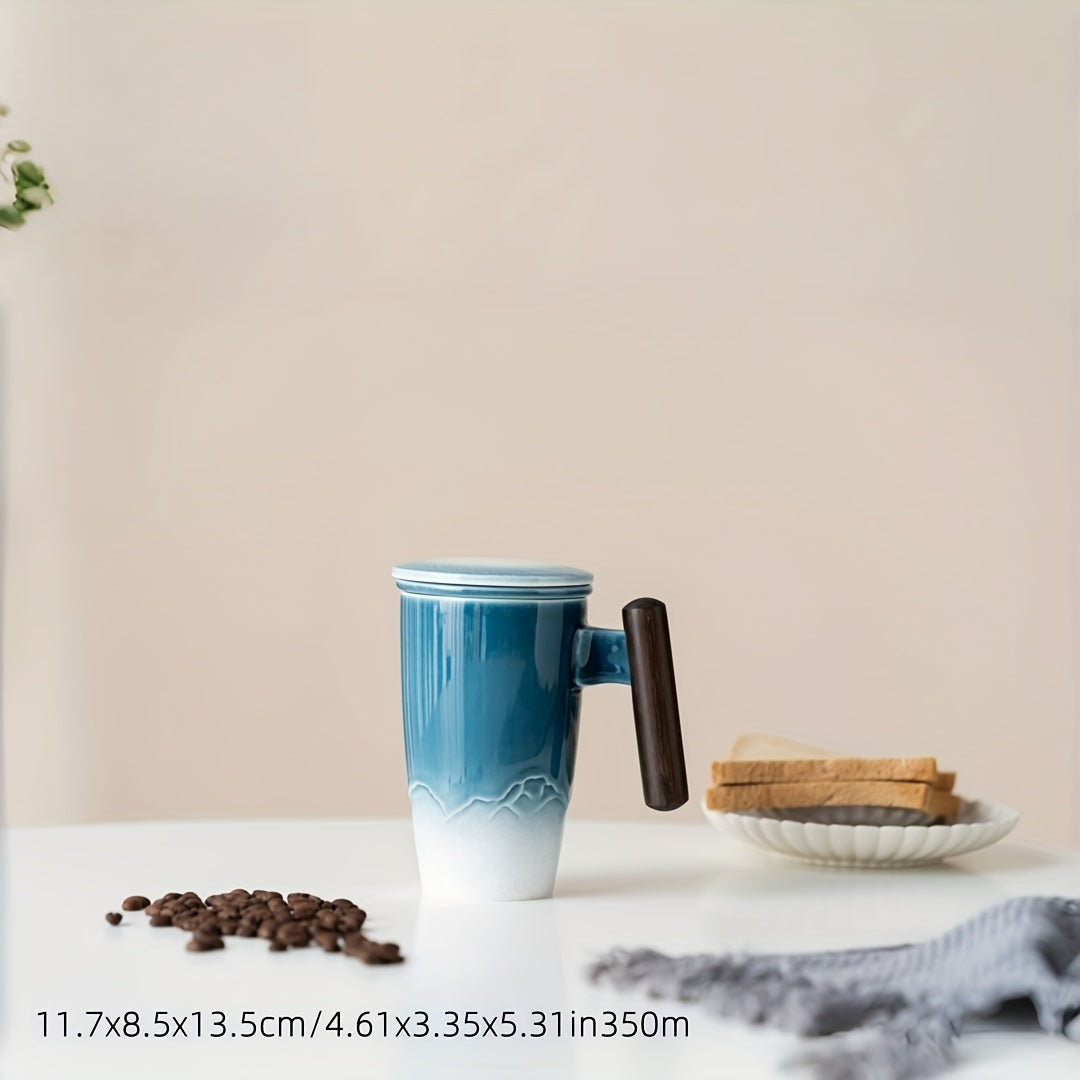 Unique handcrafted tea mug with strainer, perfect gift for tea lovers; artistic ceramic design.
