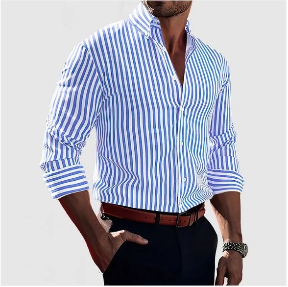 Refined men's striped long-sleeve dress shirt. Elegant classic menswear for versatile professional & formal occasions.