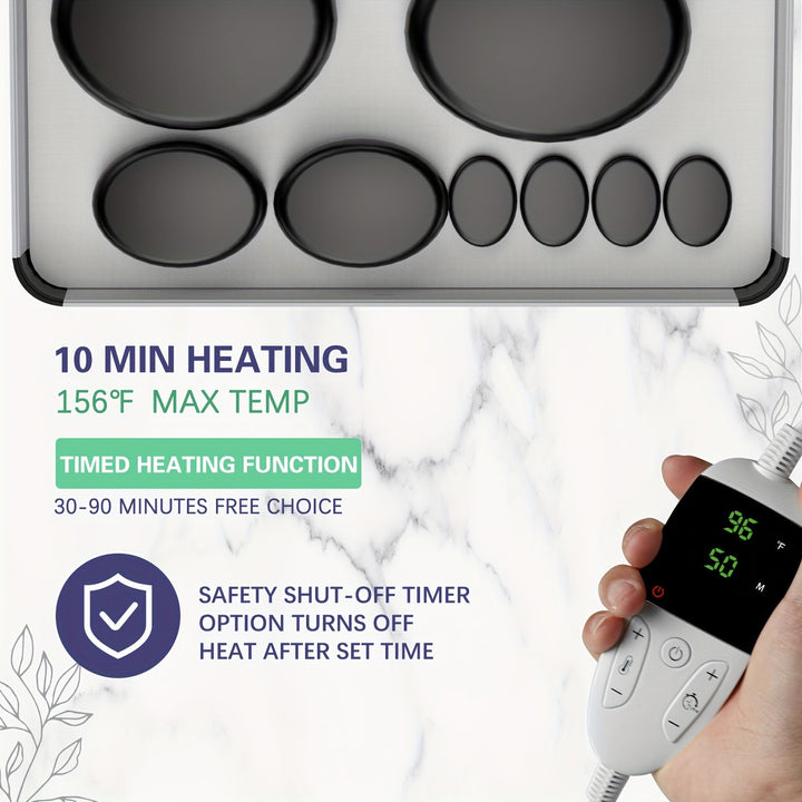 Deep relaxation hot stone massage bundle with heater, offering soothing heat for muscle aches & stress.