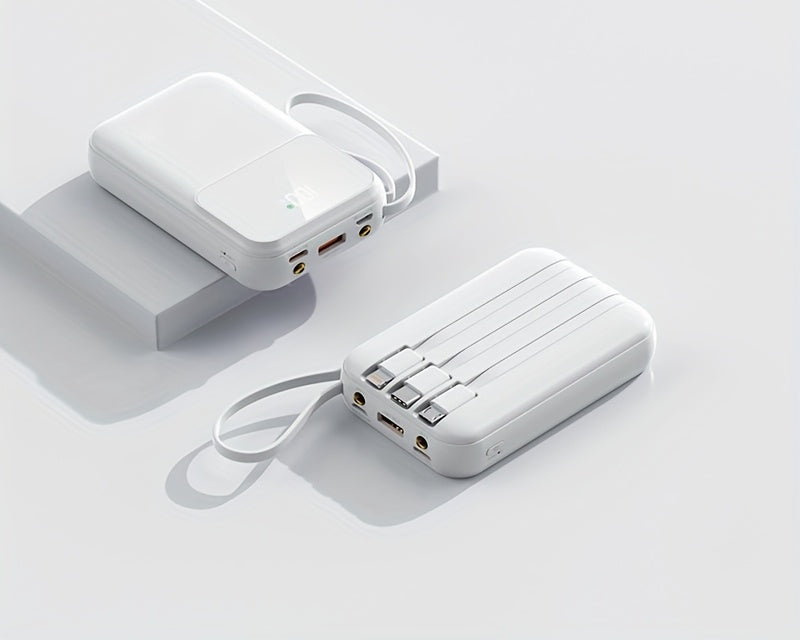 Efficient 10000mAh fast-charging power bank, a modern tech gadget with integrated universal cables.