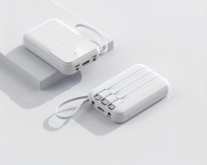Efficient 10000mAh fast-charging power bank, a modern tech gadget with integrated universal cables.