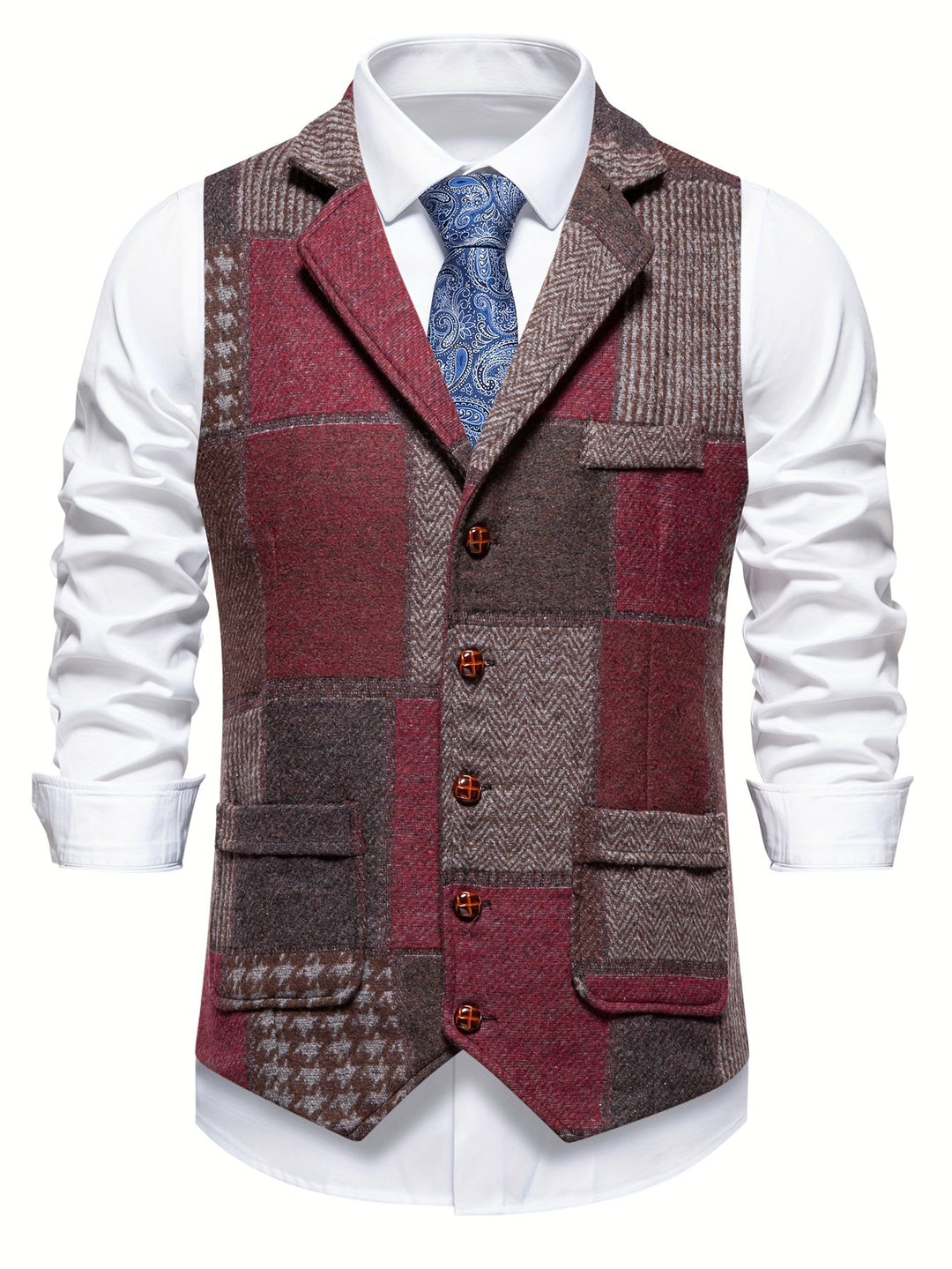 Men's patchwork herringbone waistcoat, single-breasted, perfect for smart casual or formal layered style.