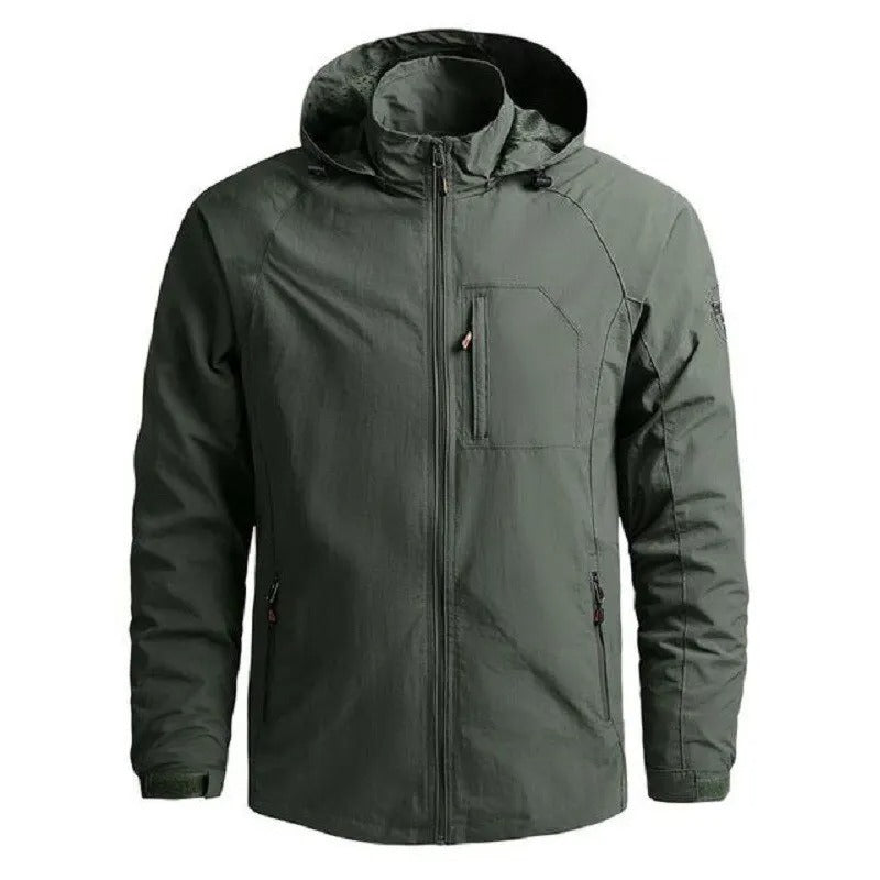 Practical men's lightweight hooded jacket for modern casual spring & fall outfits. Comfortable zip-up outerwear.